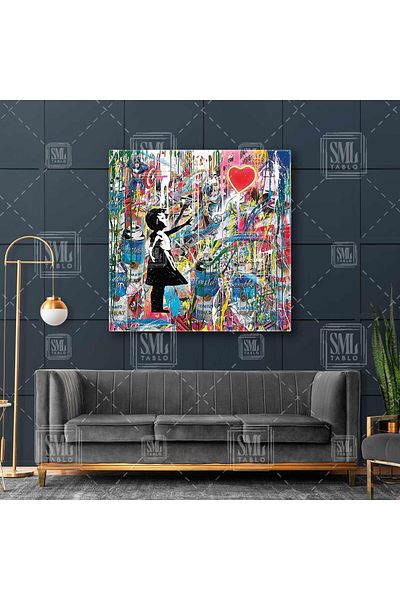 SML TABLO Banksy Grafitti Wall Art Heart Balon Flying Boy Pictură pătrată pe pânză