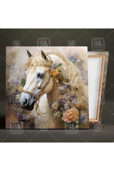 SML TABLO Επιτραπέζιος τέχνης τετράγωνος καμβάς Noble Horse με λευκό μαντήλι μέσα σε λουλούδια