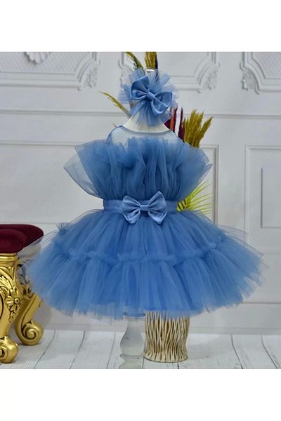 ELLUSSİ Indigo Girl's Fluffy - Transparent, with Belt and Front Bow Detail