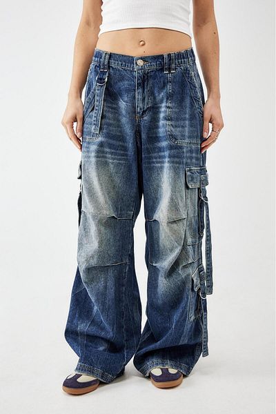 september island Stonewashed Navy Blue Strappy Cargo Pants