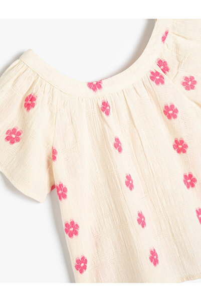 Koton Bavlněná halenka s kulatým výstřihem - květinový krátký rukáv