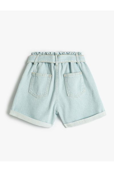 Koton Pantaloni scurți din denim din bumbac - Detaliu buzunare și curea, talie elastică