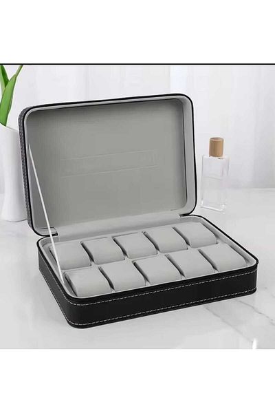 zyc Luxury Black Faux Leather Watch Case with Zipper - 10 Capacity Dustproof Watch&Jewelry Storage Box.