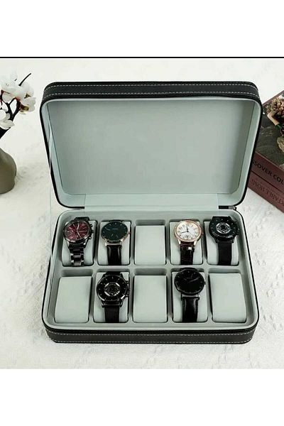 zyc Luxury Black Faux Leather Watch Case with Zipper - 10 Capacity Dustproof Watch&Jewelry Storage Box.