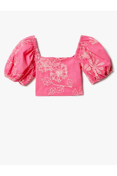 Koton Cotton Square Neck Crop Μπλούζα - Κεντημένο σχέδιο