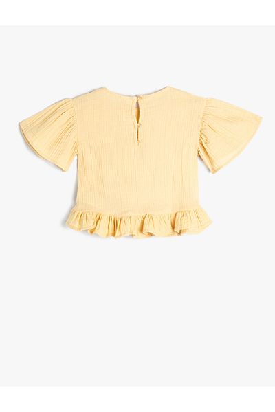 Koton Blouse Short Sleeve Crew Neck Textured Ruffle Detailed Cotton