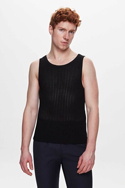 Tween Slim Fit Siyah Kafes Örgülü Fileli Rayon Triko Süveter