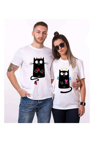Tshirthane Angel Cat Devil Cat Lover Combinations T-shirt Couple Combination