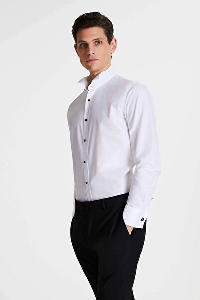 Tween Slim Fit Beyaz Desenli %100 Pamuklu Smokin Gömlek
