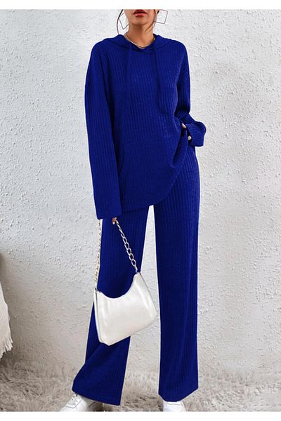Little Visqon Set de camisole cu glugă pentru femei, cu buzunar cangur și panglică - Saks Blue
