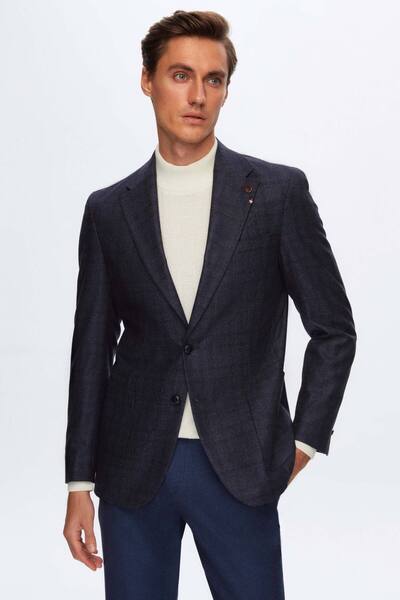 Damat Slim Fit Lacivert Ekose Yün Karışımlı Successori Reda Kumaş Ceket