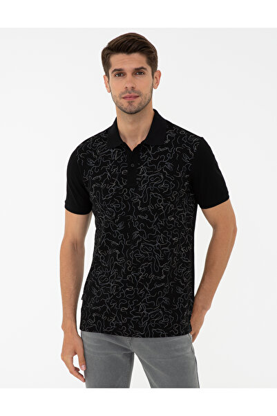 Pierre Cardin تي شيرت أسود بياقة بولو مطبوعة بقصة ضيقة 50238230 -VR046