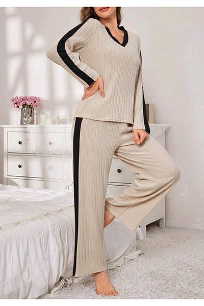 Little Visqon Women's V-Neck Ribbed Ribbon Detailed Rose Gold Camisole Double Set
