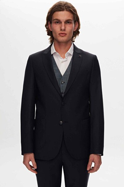 Tween Slim Fit Lacivert Sivri Yaka Yünlü Takim Elbise Kombinli