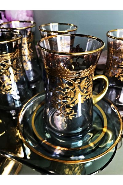 DECOSTYLE Blue Lüster Gold Pants - 12 Piece Plate and Handled Tea Set and Cup Set