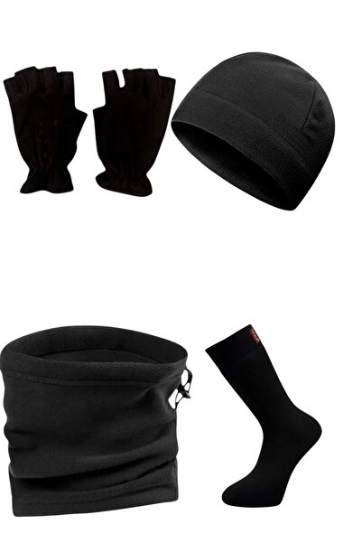 Kossiga Siyah Termal Kışlık Kaliteli Polar Kesik Eldiven Boyunluk Bere Termal...