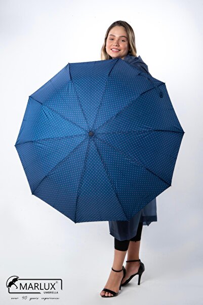 Marlux Lacivert Puantiyeli Fiber 10 Telli Tam Otomatik Rüzgara Dayanıklı Şemsiye M24mar718lc