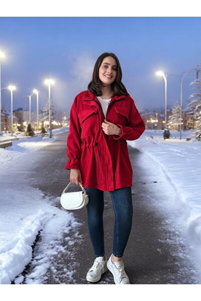 Entropy Fermuarlı Beli Lastikli Kaşe Kaban - Kırmızı