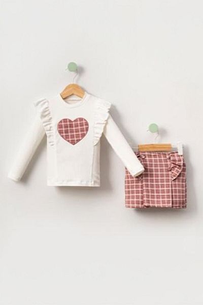 Minigimin Cicileri My 2-9 Years Old Baby Girl's Flowers - Plaid Ruffle and Heart Detailed Set - Purple