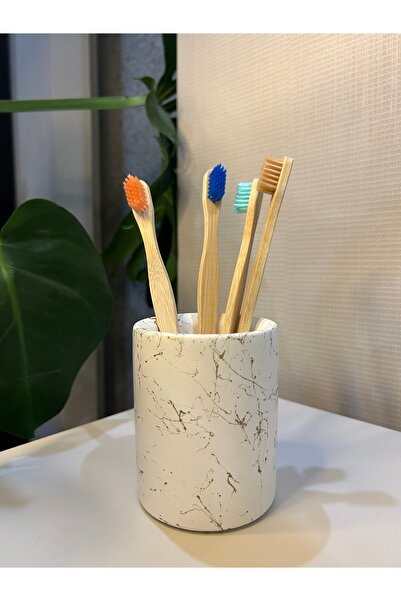 Miya Art Studio Beton Diş Fırçalık Beyaz Gold Mermer Desen