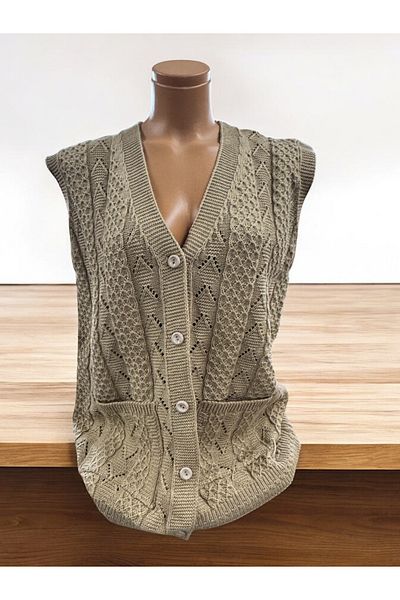 TUTUYA TEXTIL Pocketed Knitwear Mother's Vest - Houndstooth Knitted Dowry Casual Design