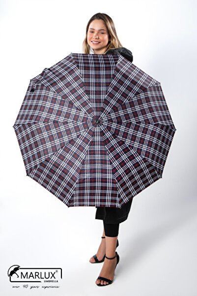 Marlux Lacivert Kırmızı Ekose Ahşap Saplı Tam Otomatik Premium Lüks Kadın Şem...