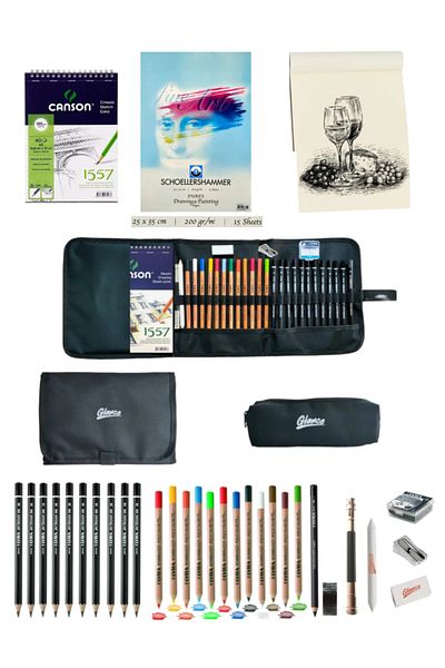 GLANCE Canson A5 120 Gr Adel Graduated Pen Set of 8 Schoellershammer 25X35 Black Pen Holder with Notebook Pocket 24