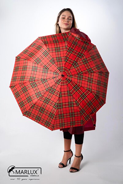 Marlux Kırmızı Ekose Desen Fiber 10 Telli Tam Otomatik Rüzgara Dayanıklı Şems...