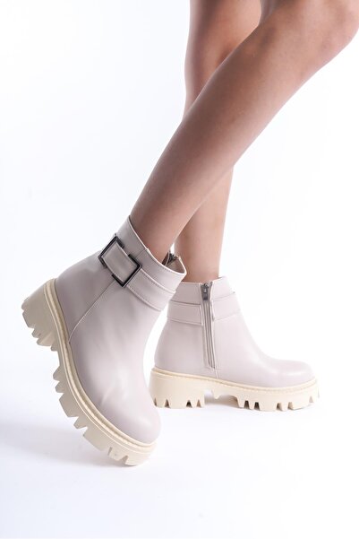 CZ London Kadın Fermuarlı Dekoratif Metal Toka Detaylı Kalın Taban Günlük Bot