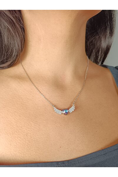 Yzc Unique Accessories Zirkon Taşlı Kanatlı Kalp Kolye 316L Kararmaz Çelik
