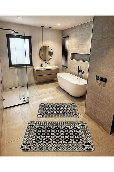 BigArts Home Modern Vintage Non-Slip Base Washable Bath Mat Set - 50X60/60X90 cm