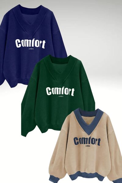 Know Kadın 3 Iplik Lacivert Yeşil Vizon 3'lü Comfort In Paris Baskılı V Yaka Oversize Sweatshirt