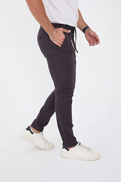 BROCARD Erkek Mevsimlik Jogger Slimfit Kalıp Bel Yarım Lastikli Likralı Antrasit Keten Pantolon