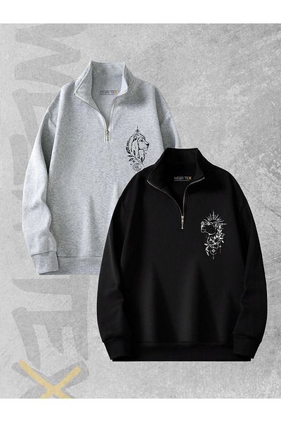 WEARTEX 2-Piece Half Zipper Men's Lion Tooth Lion Printed Lover Couple Sweatshirt