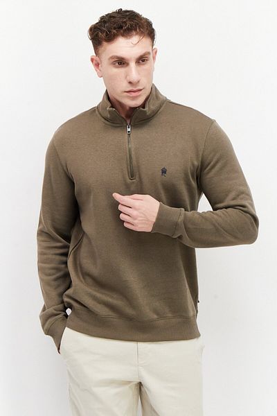 French Connection Men High Neck Long Sleeves Embroidered Logo Sweatshirt, Khaki