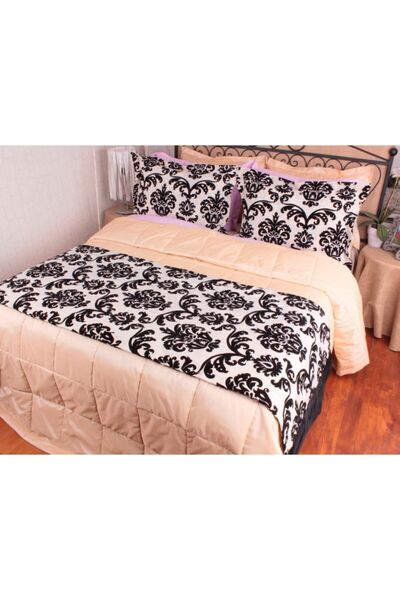 YASTIKMİNDER Keten Ekru Zemın Damask Desen Flok Baskı Yatak Throw Şalı Runnerı