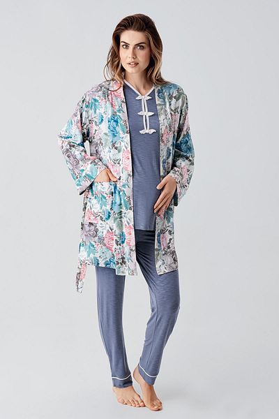 Artış Long Sleeve Patterned Stretchy Viscous Woven Maternity Dressing Gown Pajamas Set