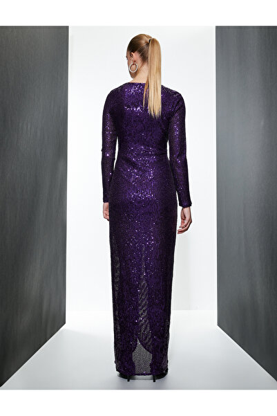 Koton Uzun Abiye Elbise Kruvaze Pul Payet İşlemeli Uzun Kollu V Yaka Asimetrik Kesim