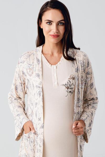 Artış Long Sleeve Patterned Lace Buttoned Stretchy Viscous Maternity Nightgown Dressing Gown Set