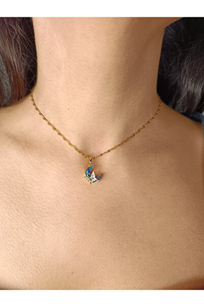 Yzc Unique Accessories Kelebek Figürlü Zirkon Taşlı Mavi Hilal Kolye 316L Kar...