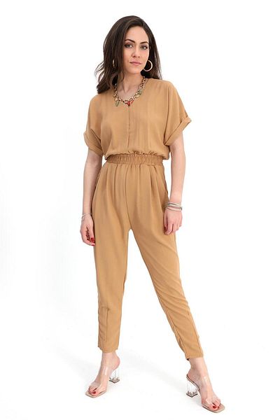 VAPUR TEKSTİL Jumpsuit with Elastic Waist and Low-cut Back V-Neck - Mink