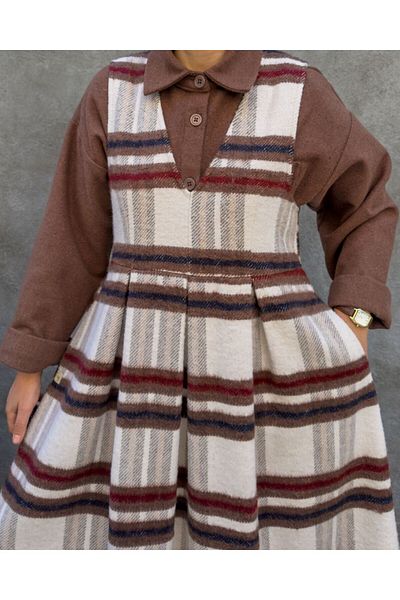 hrmonny Vintage Women's Modest Winter V-Neck Women's Rerto Wool Plaid Long Gilet Dress