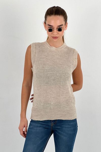 Miss Poem Women's Crew Neck Sleeveless Straps Loose Beige Knitwear Sweater