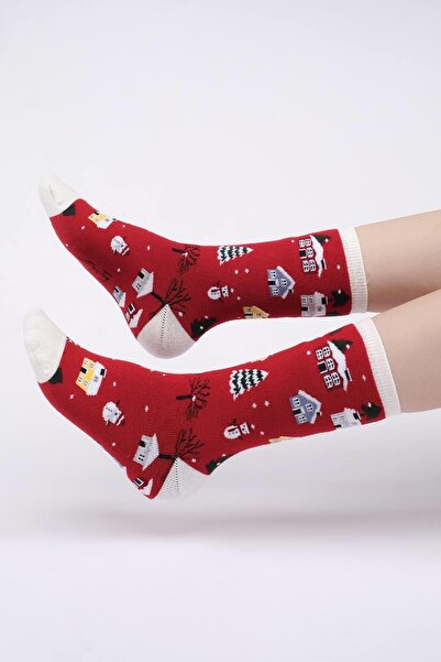 Aytuğ Aytuğ Women's Cotton Single Red New Year Themed Socks a 49003 K