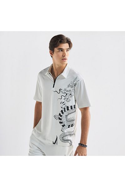 FAV Dragon Print Polo T-shirt with Zip Closure and Short Sleeves