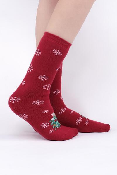 Aytuğ Aytuğ Women's Cotton Single Dark Red New Year's Themed Socks a 49003 Kk