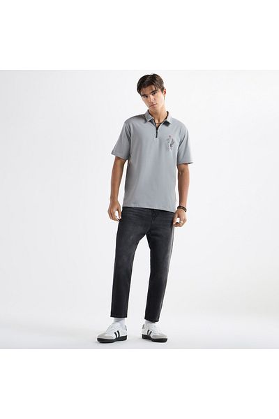 FAV Typographic Print Polo T-shirt with Short Sleeves and Zip Closure