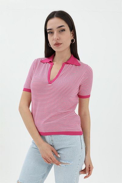 VAPUR Pulover tricotat polo cu dungi fucsia