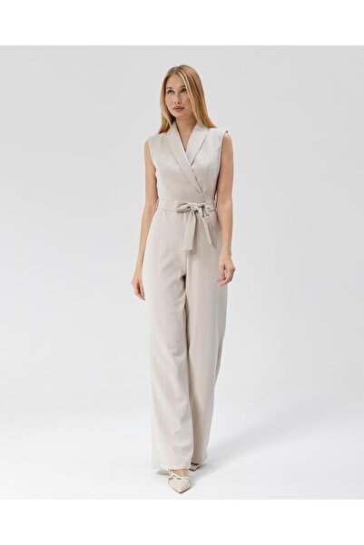 Appleline Ecru Fabric - Γυναικεία Ολόσωμη φόρμα με ρίγες και ζώνη