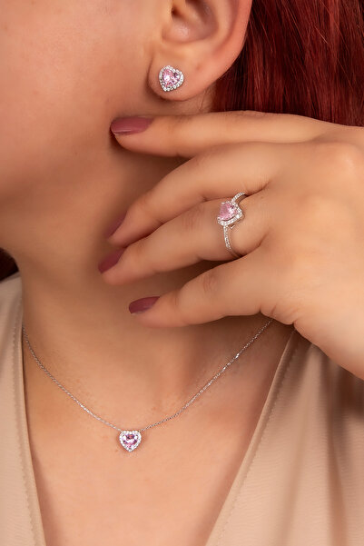 klas gümüş Gümüş Kalp Model Pembe Taşlı Rodaj 3'lü Set